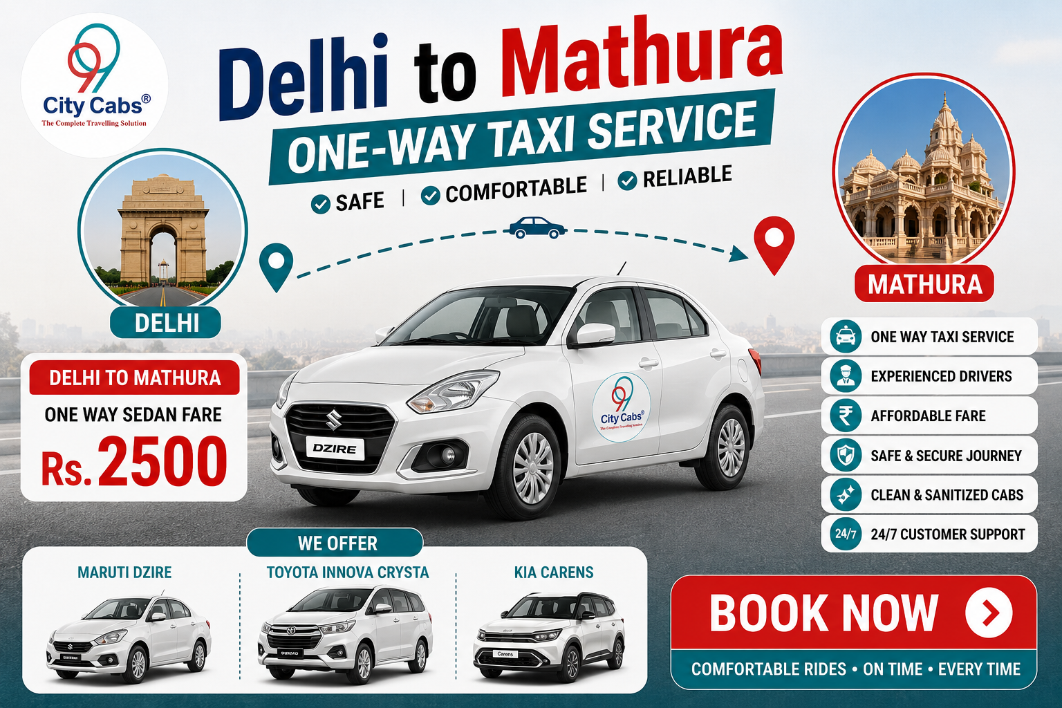 Delhi to Mathura One Way Taxi Service – Affordable Cab Booking with 99 City Cabs
